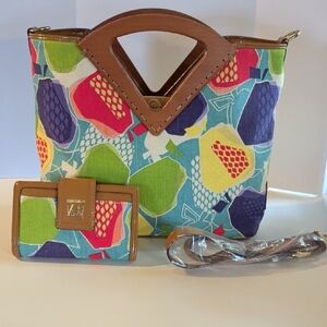 Sarah Violet "Fruit" Canvas Tote with Tan Trim Wooden Handles, Matching Wallet